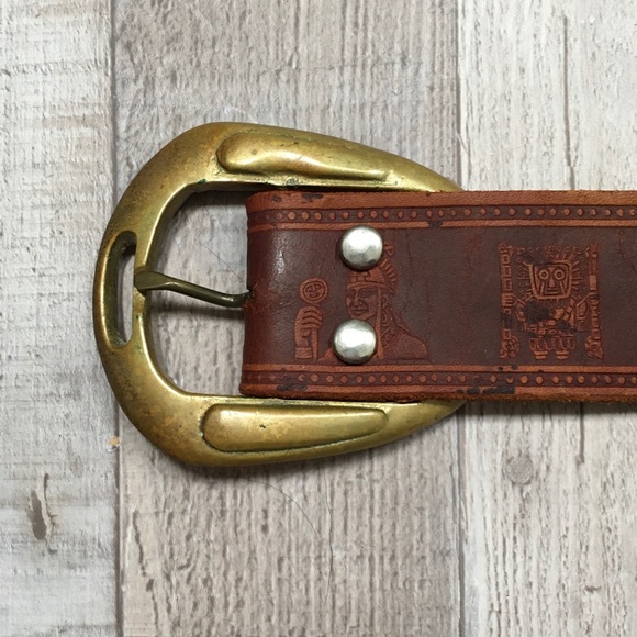 Vintage Wide Tooled Leather Belt w/ Incan Imagery - Picture 4 of 5